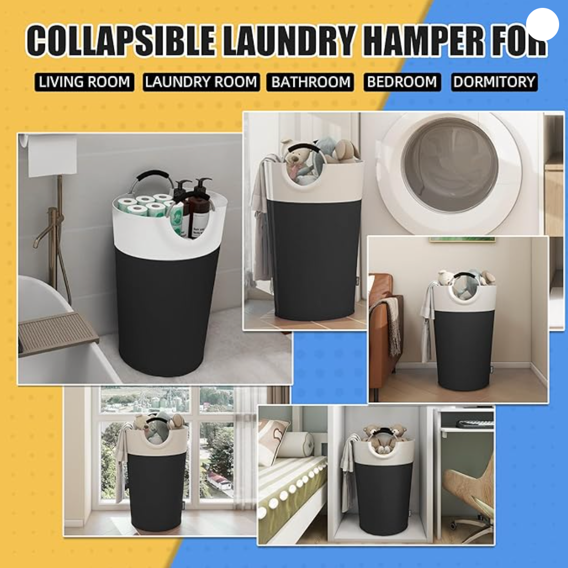 Collapsible laundry hamper used in various rooms with text indicating its versatility.
