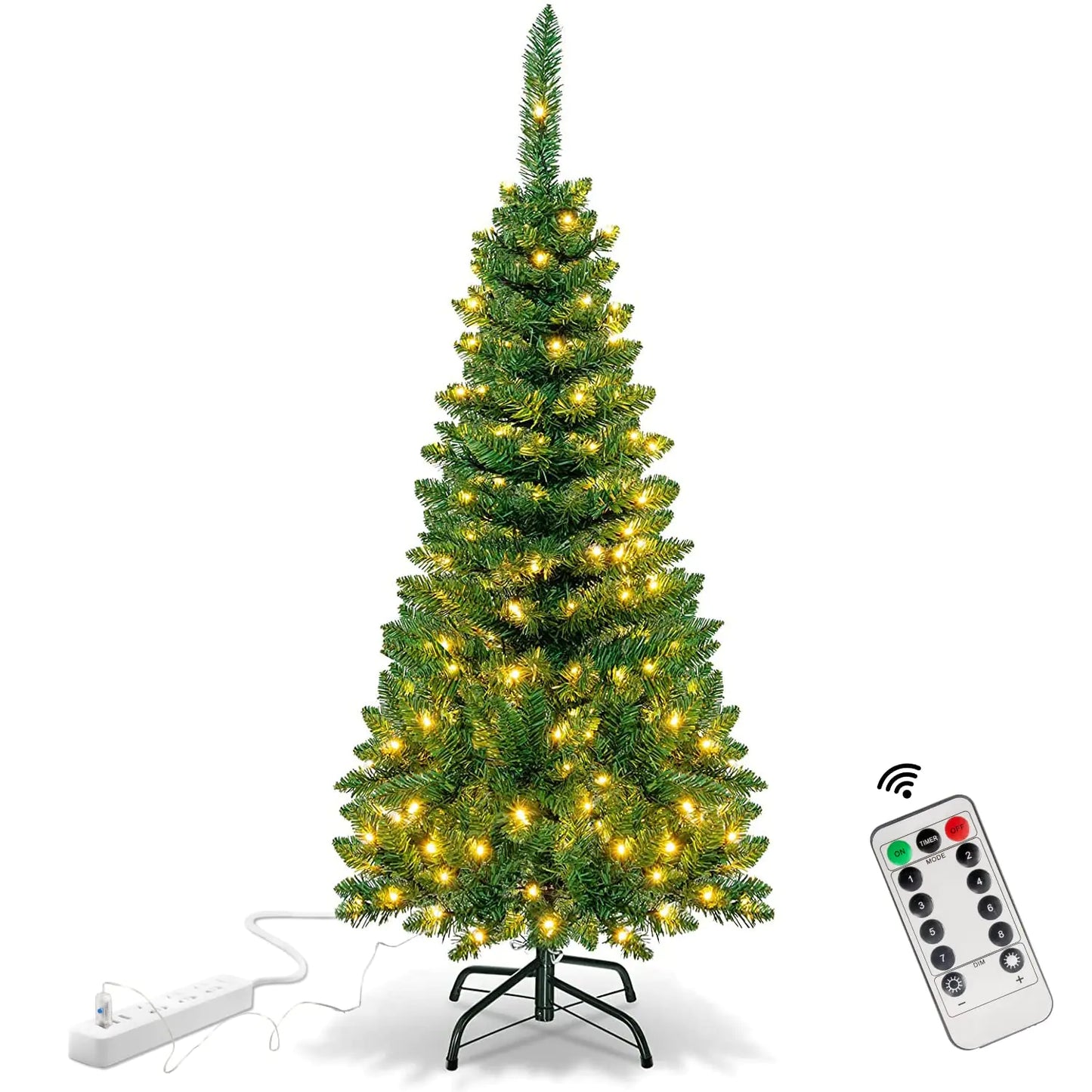 Pre-lit Christmas tree with remote control on a white background