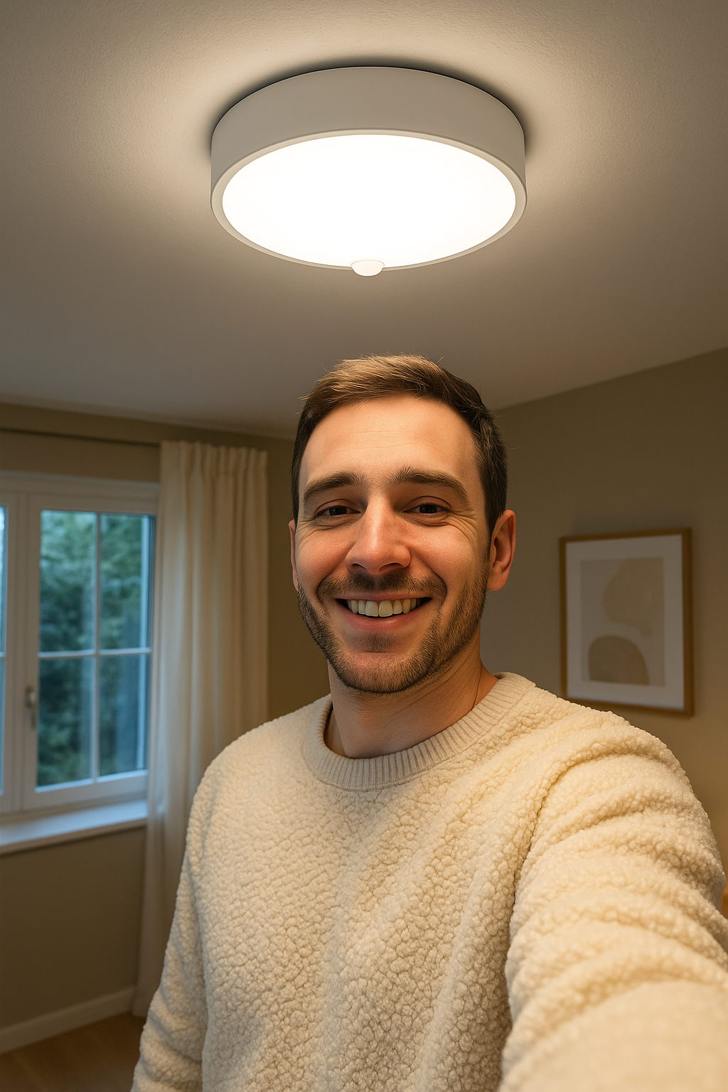 Man taking a selfie in a room with a ceiling light fixture.