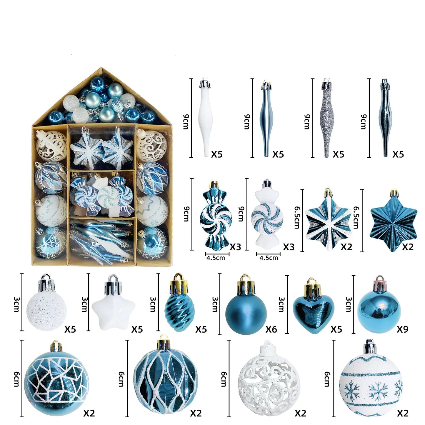 Set of Christmas ornaments with packaging and dimensions displayed.