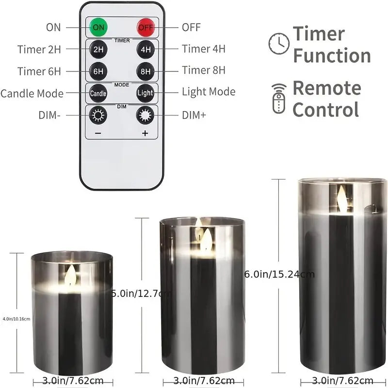 Set of three silver candle holders with a remote control displaying timer functions on a white background.
