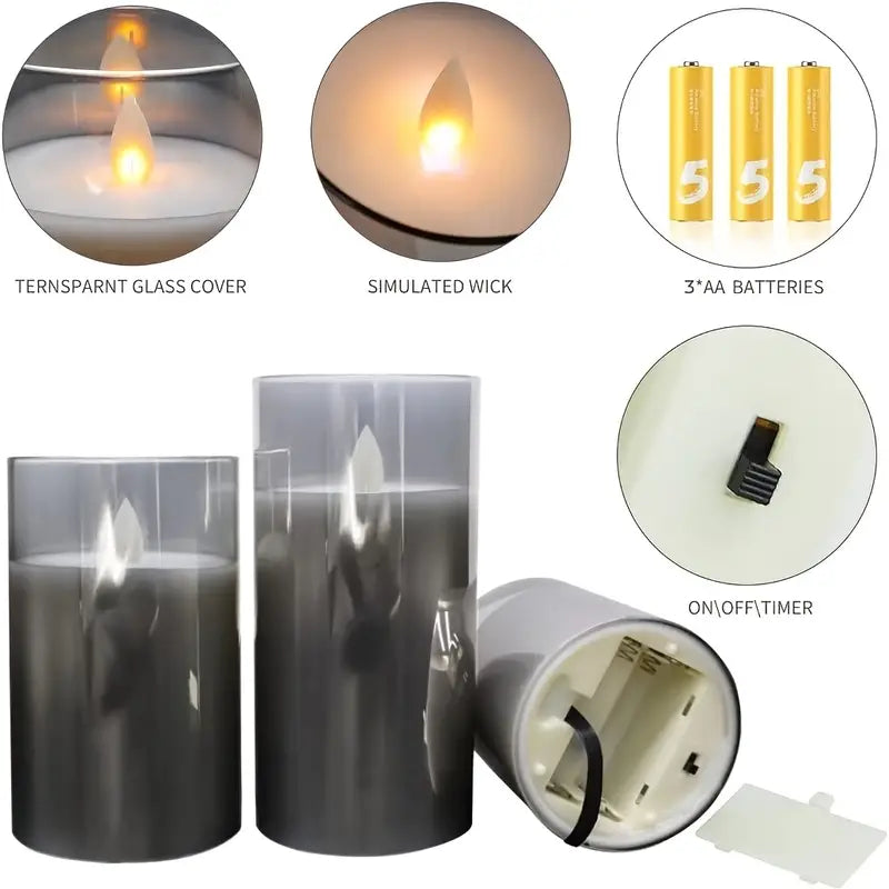Set of LED candles with features highlighted including glass cover, wick, batteries, and timer.