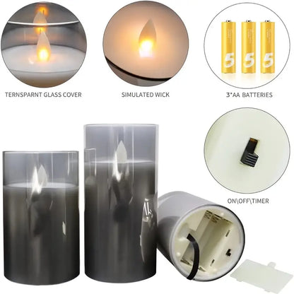 Set of LED candles with features highlighted including glass cover, wick, batteries, and timer.