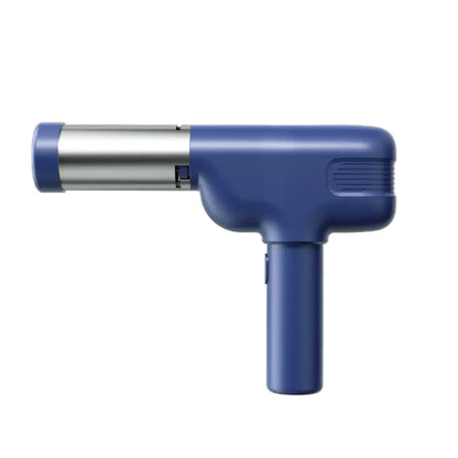 Blue handheld device with a metallic nozzle on a white background
