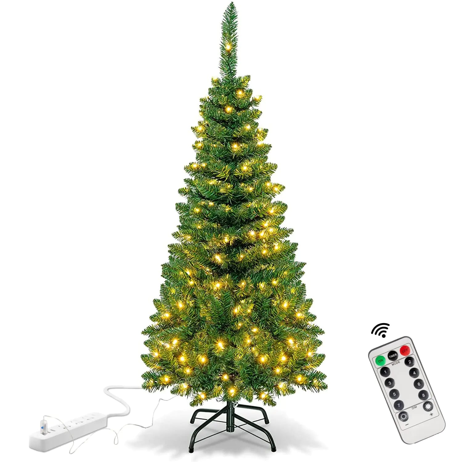 Pre-lit Christmas tree with remote control on a white background
