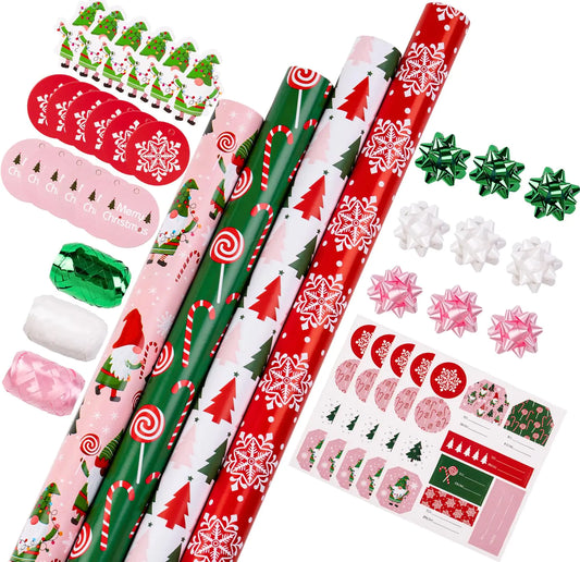 Collection of Christmas-themed wrapping paper, stickers, and decorative items on a white background.