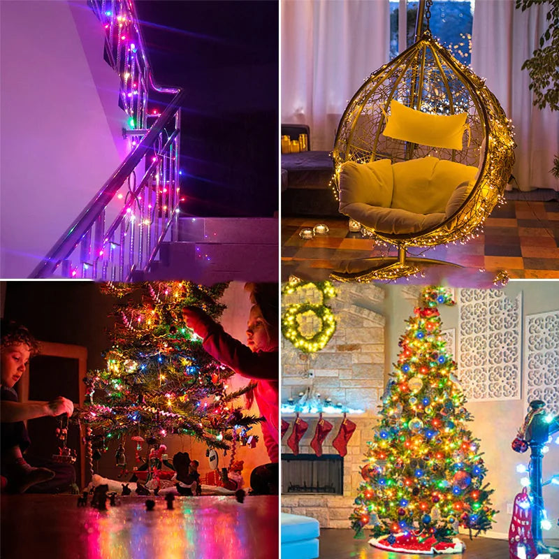 Collage of Christmas decorations including a staircase with lights, a hanging egg-shaped chair, and a decorated Christmas tree.
