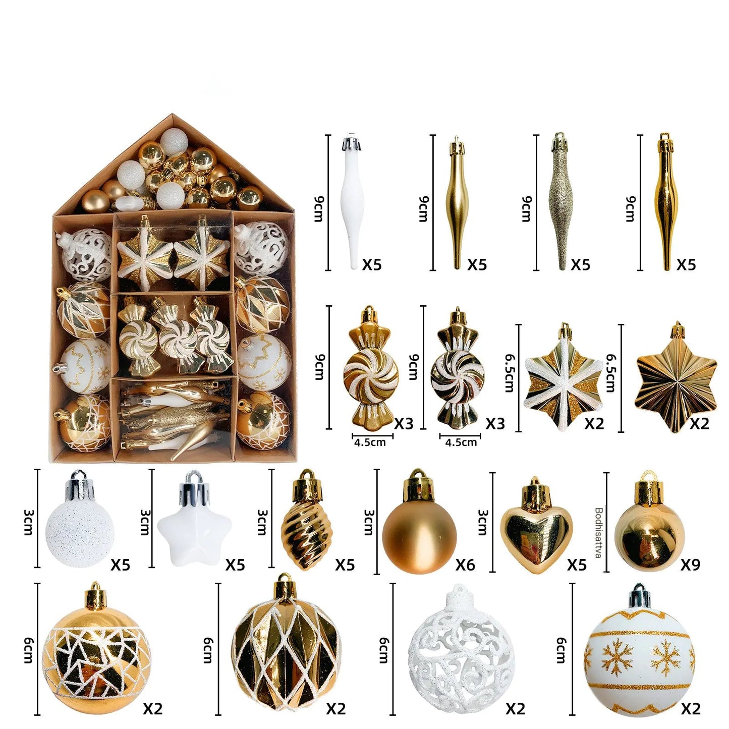 Christmas ornament set with house-shaped packaging and detailed measurements on a white background