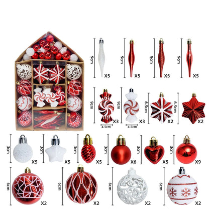 Set of Christmas ornaments in a box with dimensions and quantities displayed.