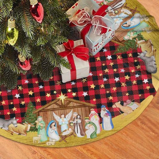 Christmas tree skirt with nativity scene design on a wooden floor.