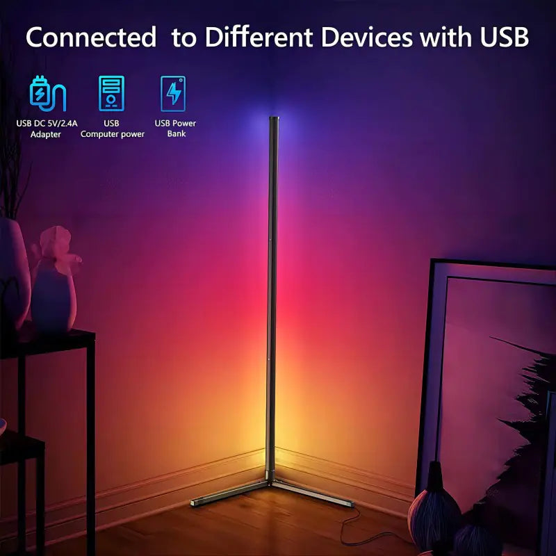 Colorful LED floor lamp with USB connectivity options in a room setting.