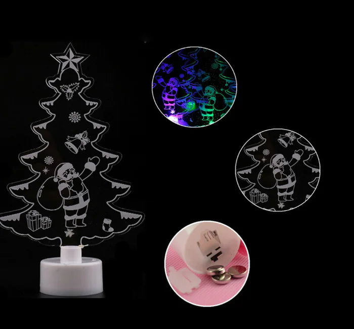 Decorative night light shaped like a Christmas tree with Santa Claus, surrounded by close-up insets on a black background.