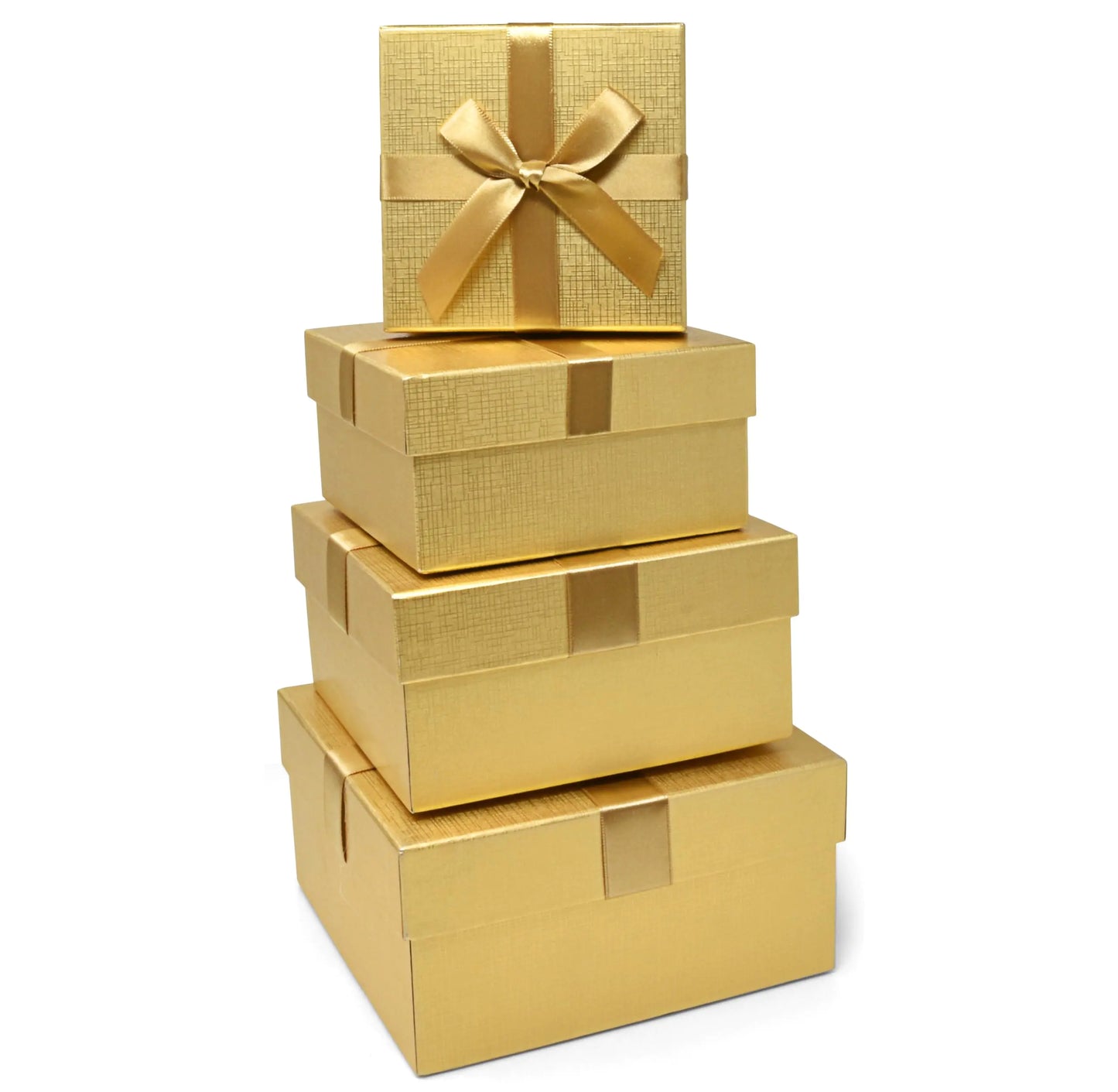 Stack of gold gift boxes with a bow on a white background