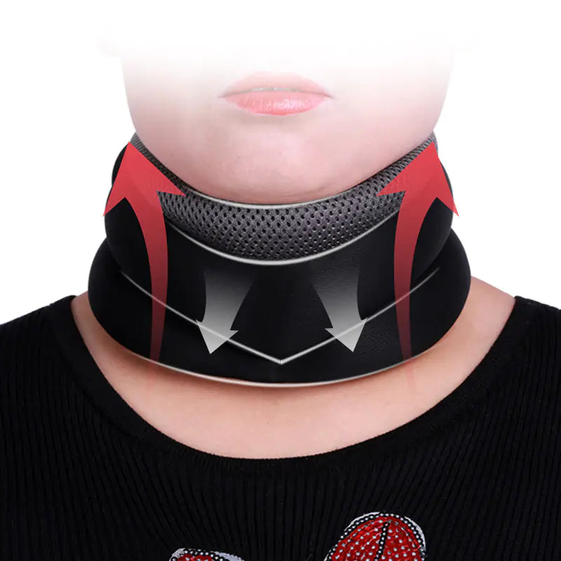 Black and red neck brace on a person with a white background