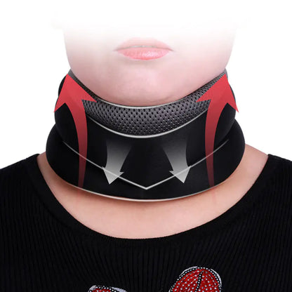 Black and red neck brace on a person with a white background