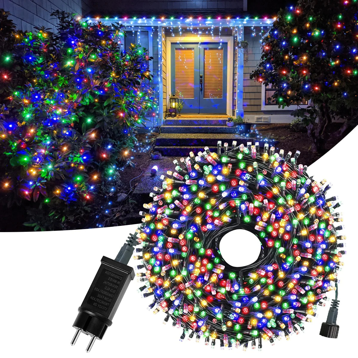 Multicolored string lights with a power adapter on a white background, with a house decorated with lights in the background.