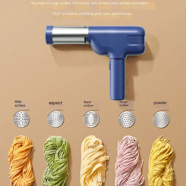 Blue handheld tool with different surface texture attachments on a beige background