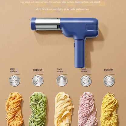 Blue handheld tool with different surface texture attachments on a beige background