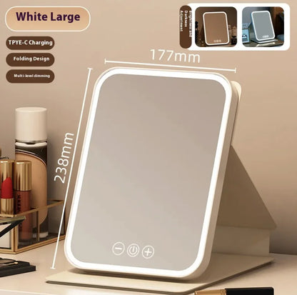 Lighted makeup mirror with dimensions and features on a neutral background