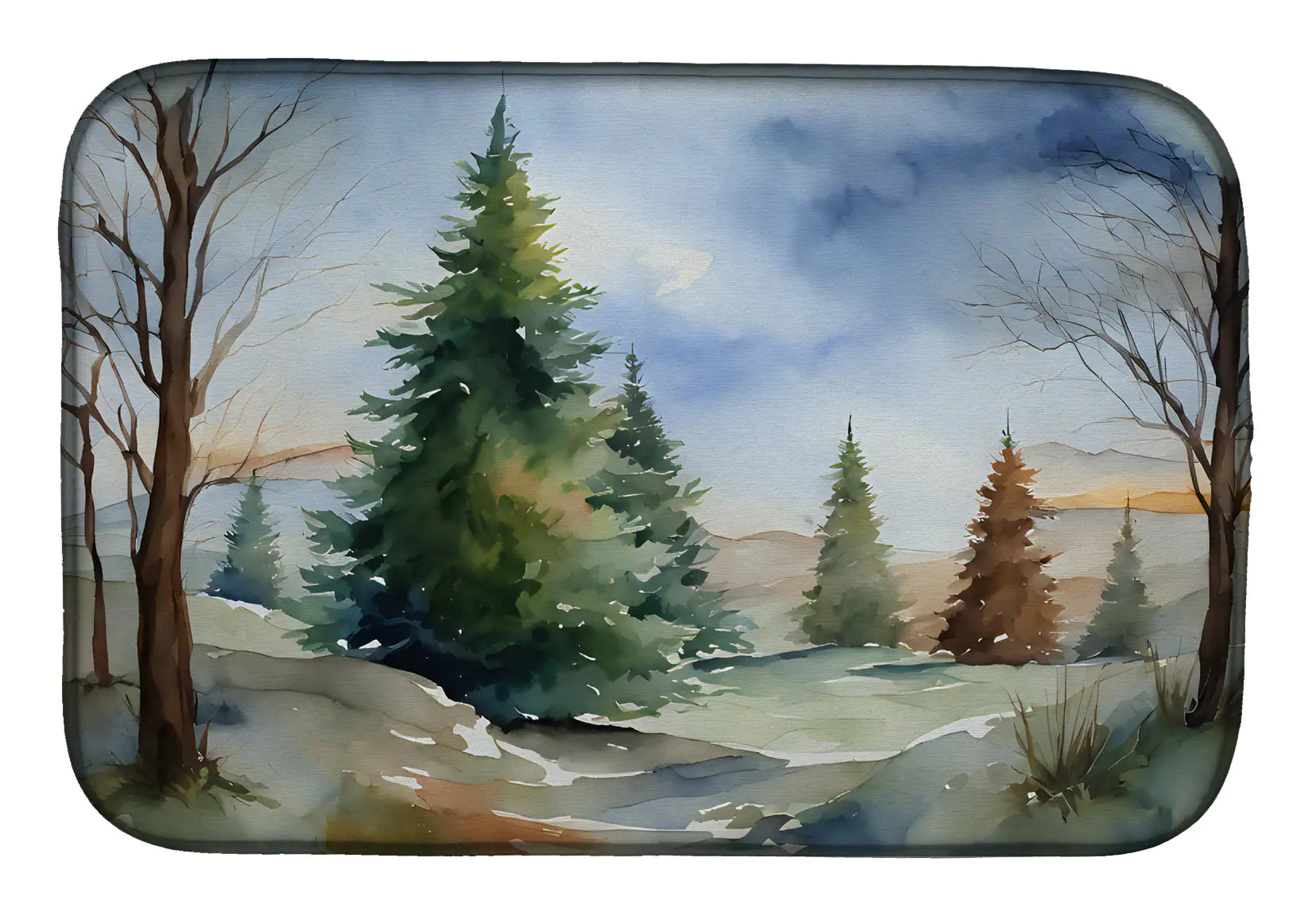 Rectangular bath mat with a winter landscape design featuring trees and snow.