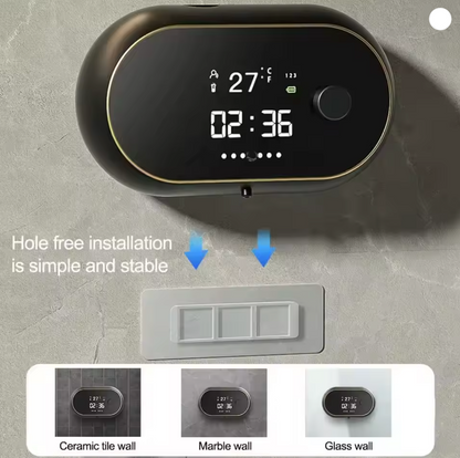 Digital Soap Dispenser on a wall with text indicating hole-free installation and compatibility with different wall types.