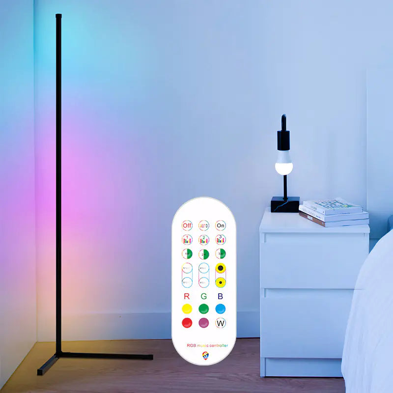 Smart LED floor lamp with remote control in a room setting