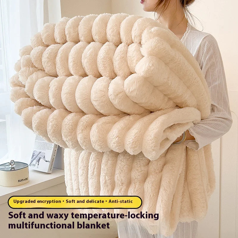 Person holding a large, fluffy beige blanket with text describing its features.