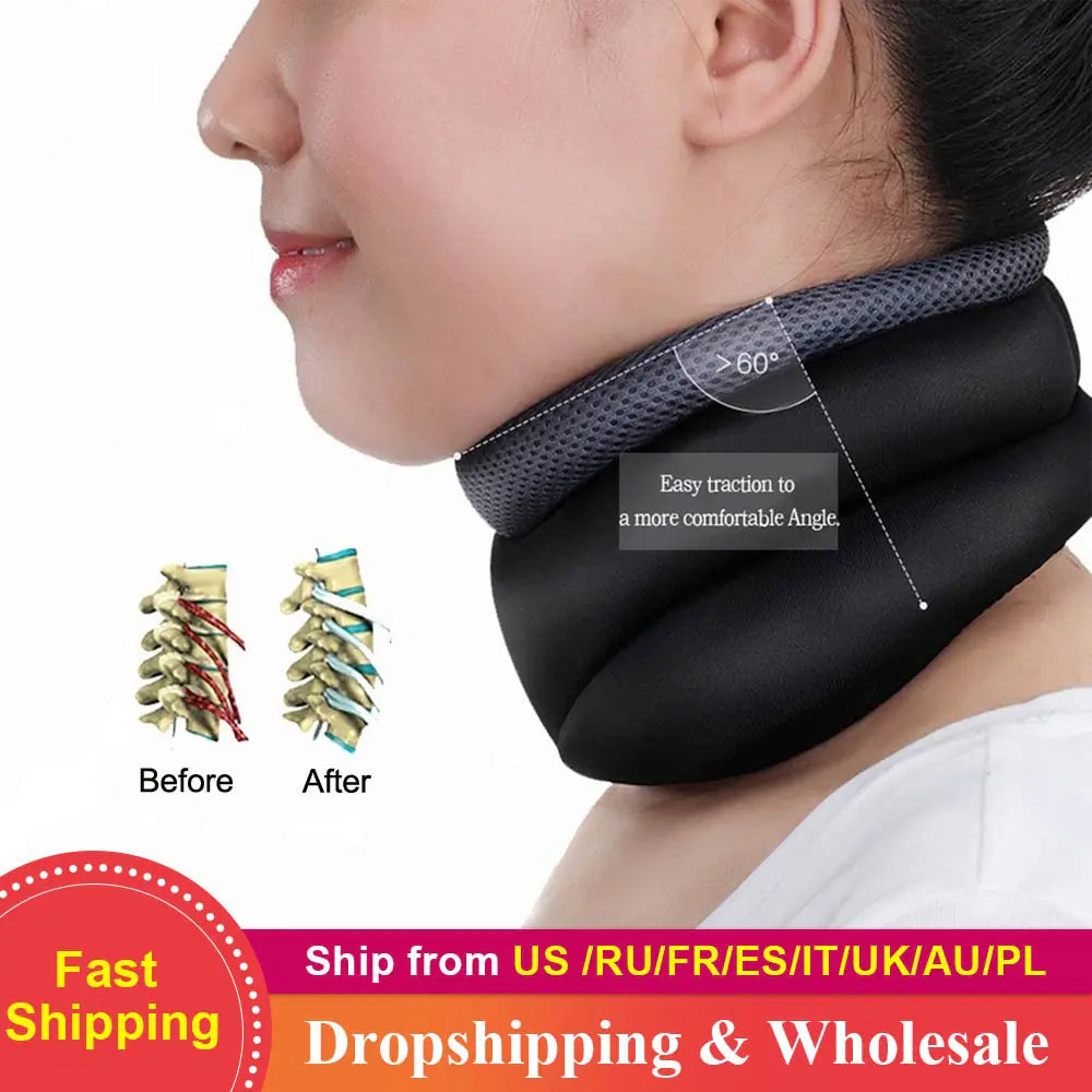 Neck pillow with ergonomic design on a person's neck, showing before and after effects on a spine.