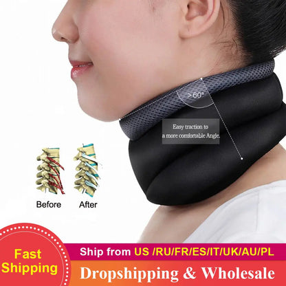 Neck pillow with ergonomic design on a person's neck, showing before and after effects on a spine.