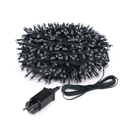 String of Christmas lights with a plug on a white background