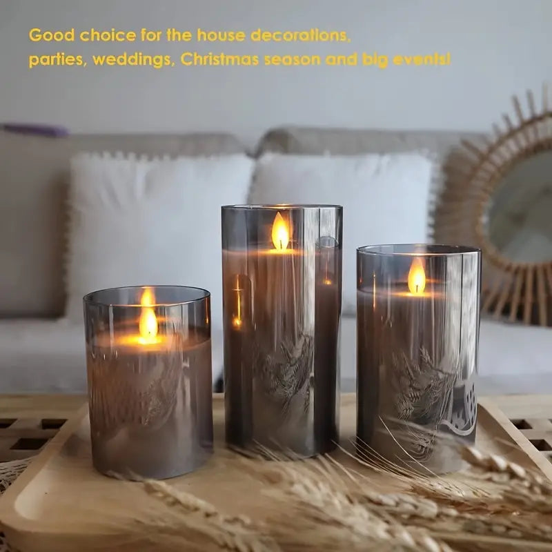 Three lit candles in glass holders on a wooden surface with text about their use in house decorations, parties, weddings, and Christmas season.