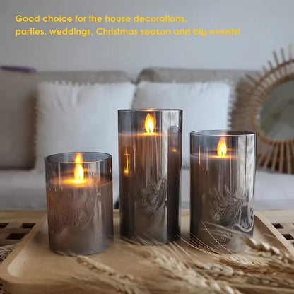 Three lit candles in glass holders on a wooden surface with text about their use in house decorations, parties, weddings, and Christmas season.