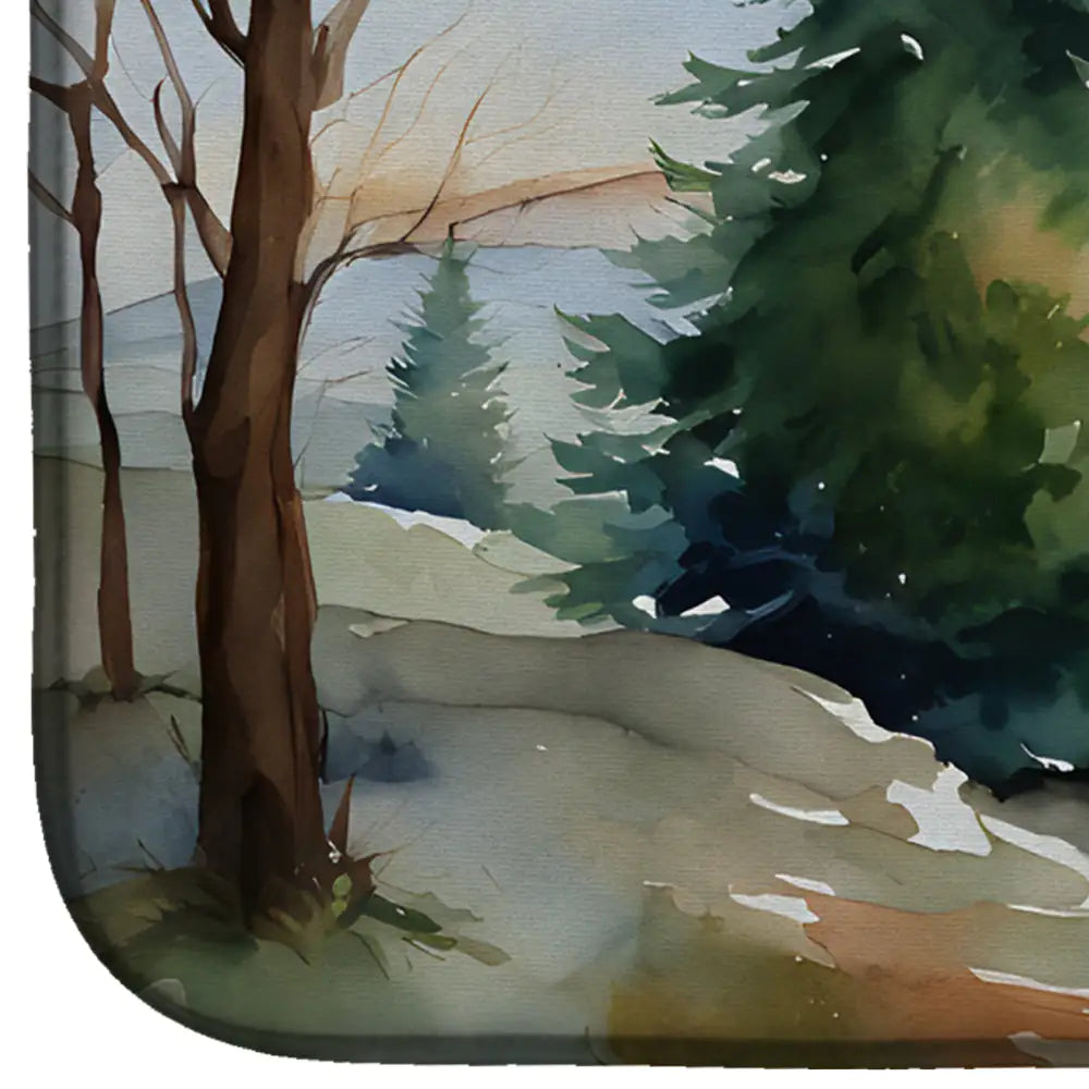 Artistic depiction of a forest scene with trees and a body of water.