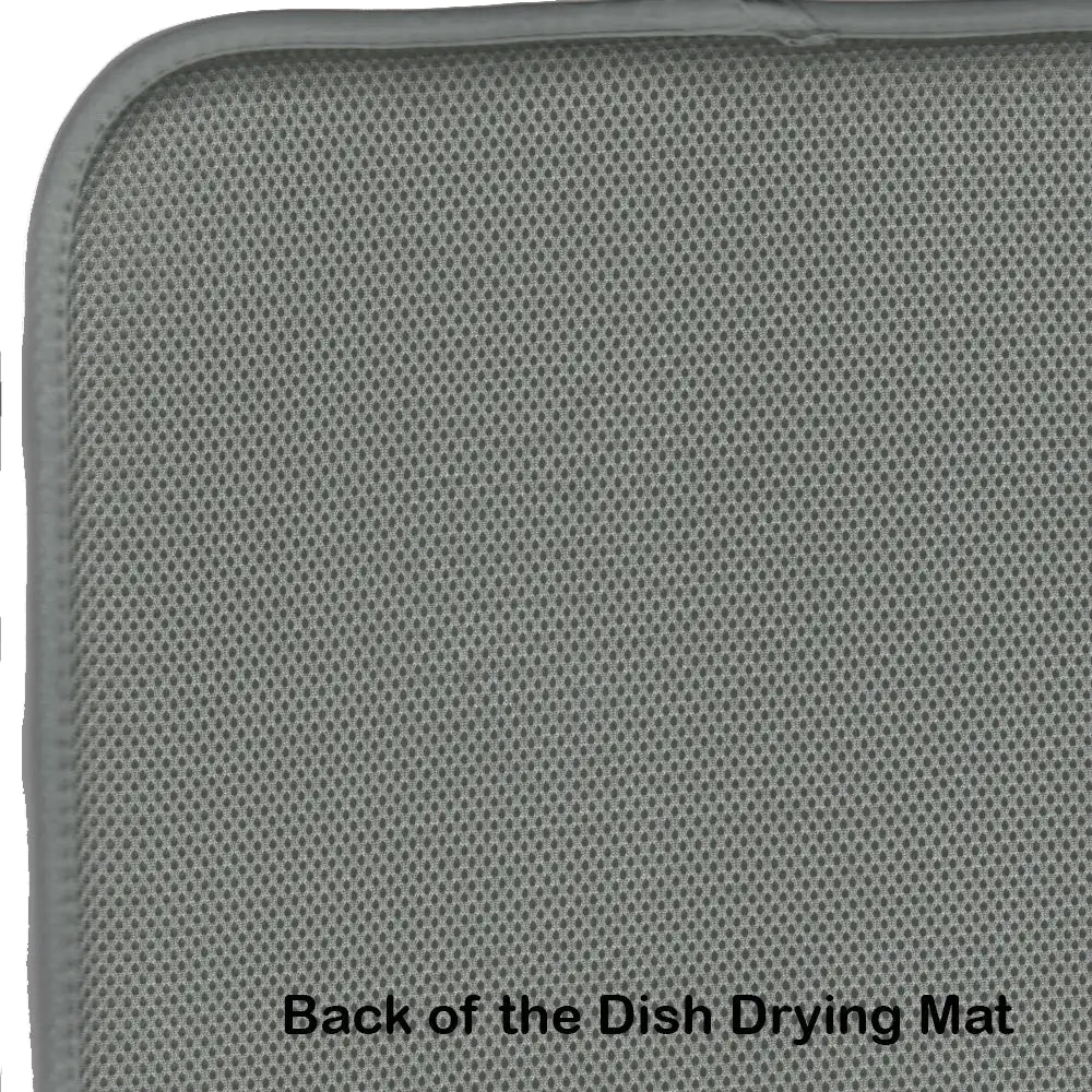 Textured gray dish drying mat with 'Back of the Dish Drying Mat' text.