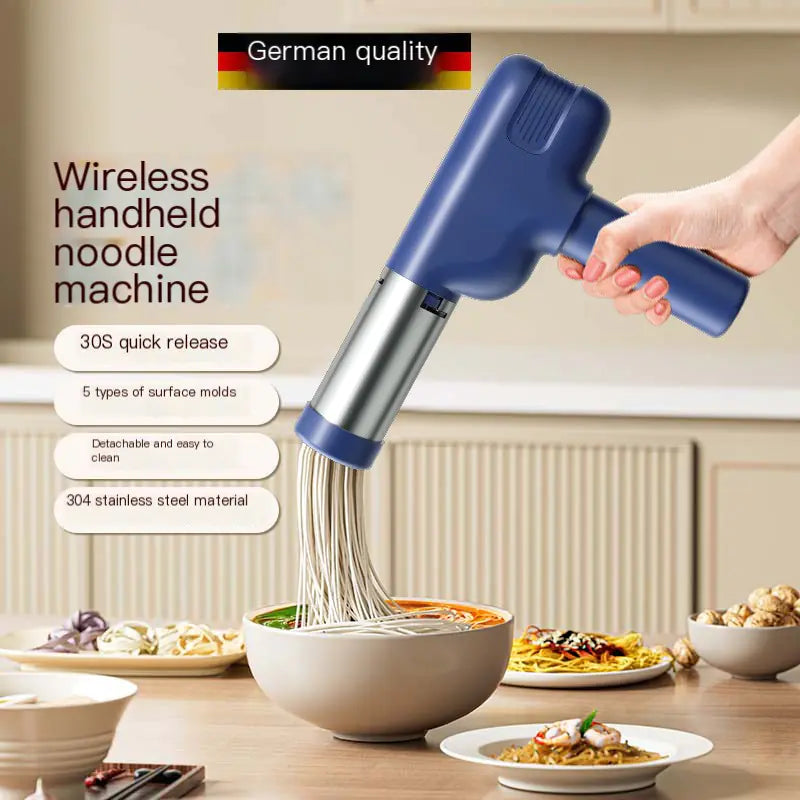 Wireless handheld noodle machine being used to make noodles in a kitchen setting.
