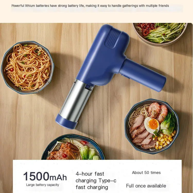 Blue automatic handheld noodle maker with stainless steel molds on a wooden table surrounded by bowls of noodles.