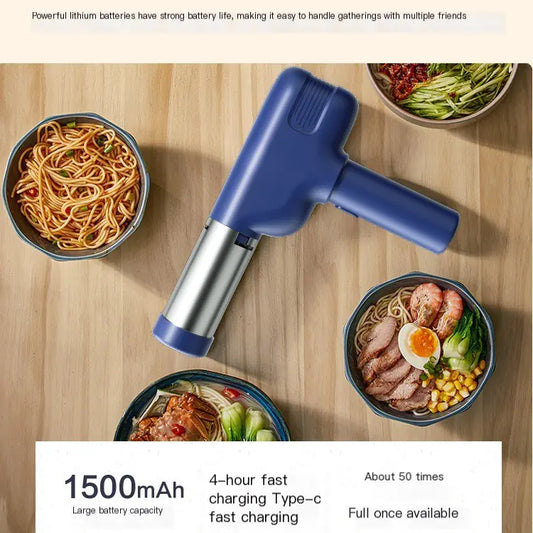 Blue automatic handheld noodle maker with stainless steel molds on a wooden table surrounded by bowls of noodles.