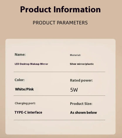 Product information card for LED Desktop Makeup Mirror on a beige background