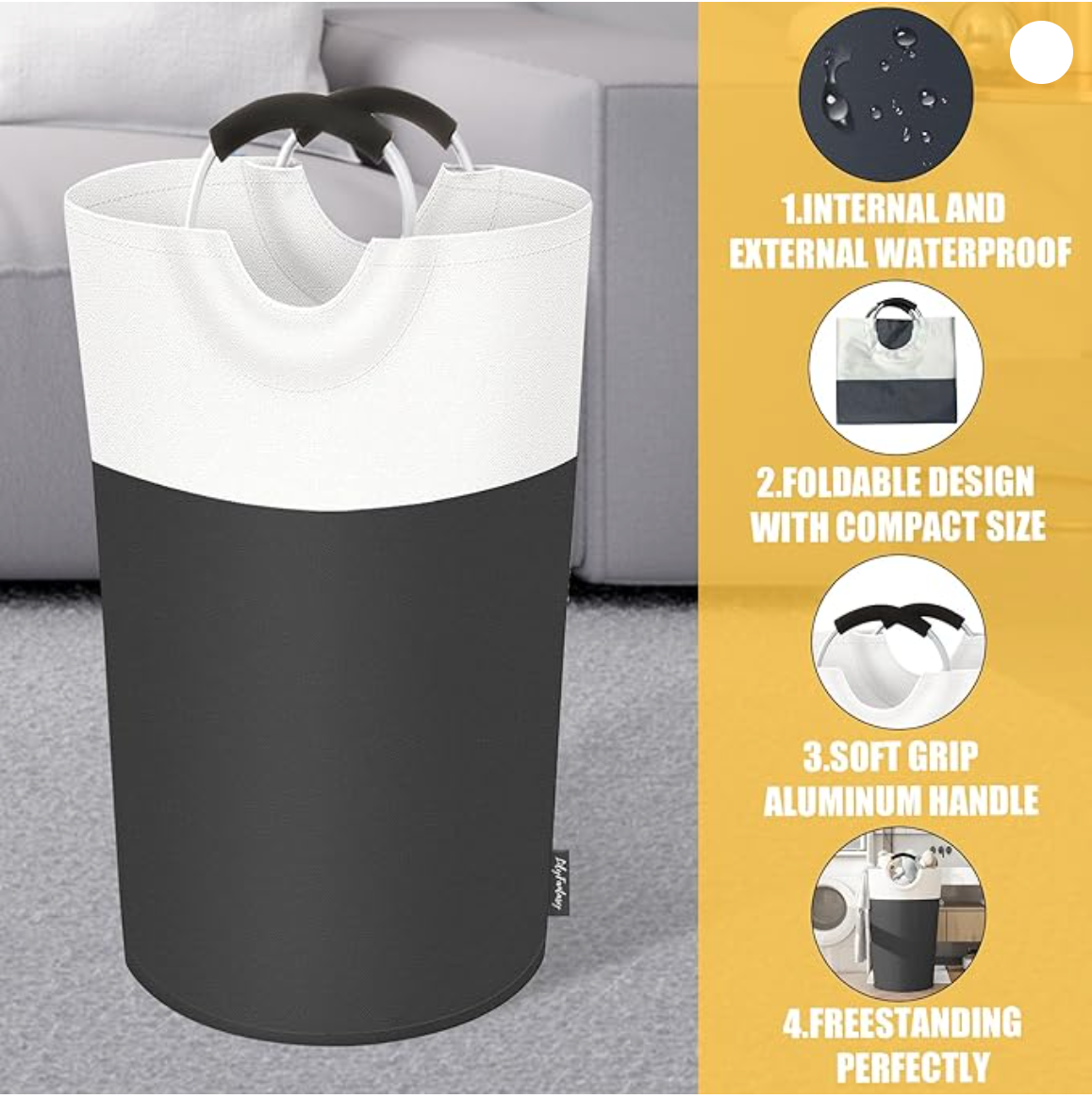Black and white laundry basket with features listed on a yellow background