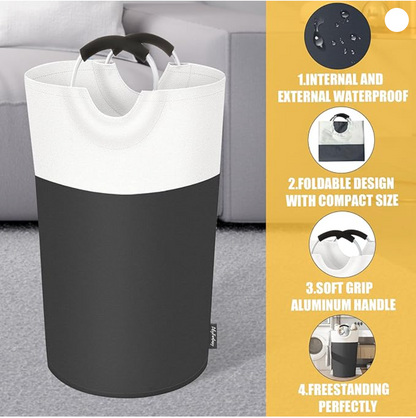 Black and white laundry basket with features listed on a yellow background