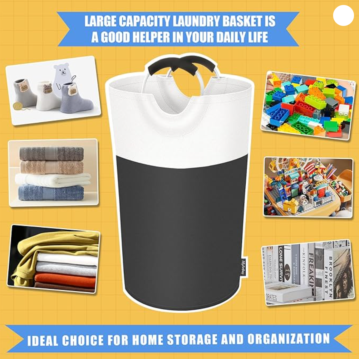 Large capacity laundry basket with images of its use on a yellow background