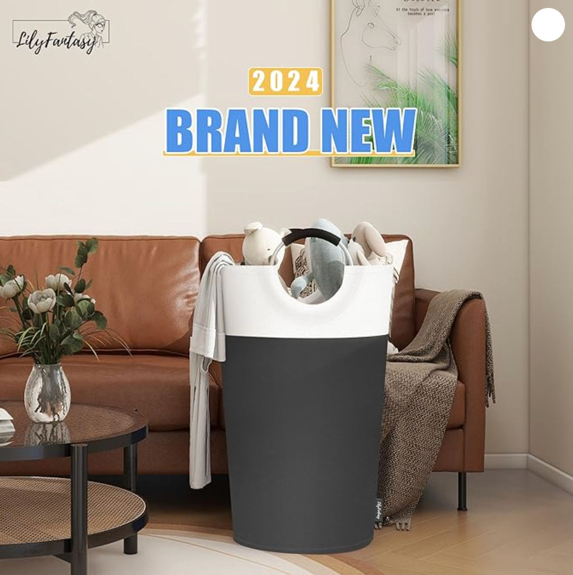 Gray laundry basket with clothes in a living room setting, featuring '2024 Brand New' text.
