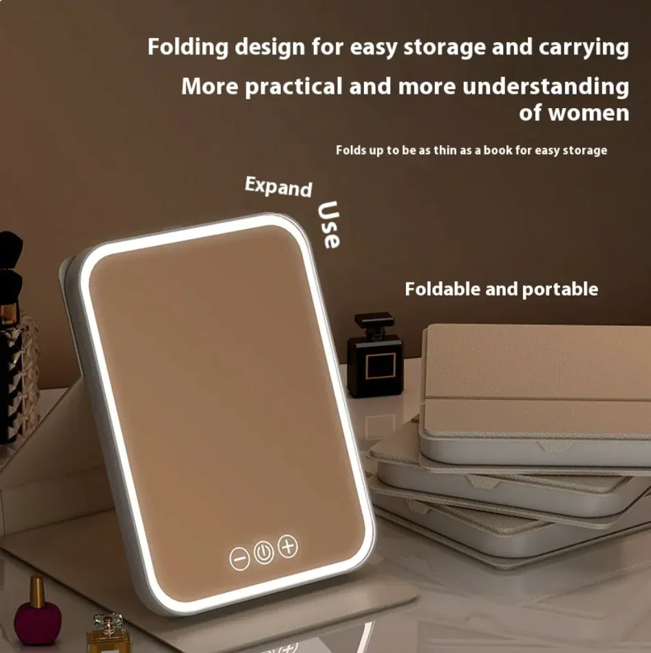 Foldable LED mirror with text on a dark background