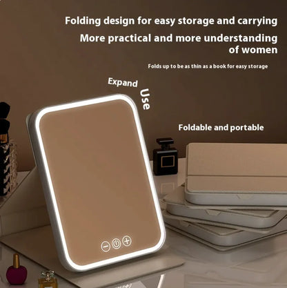 Foldable LED mirror with text on a dark background