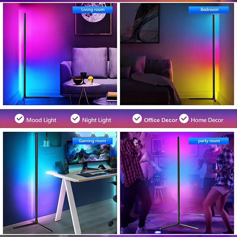 Collage of a standing lamp in different rooms with color-changing light effects.