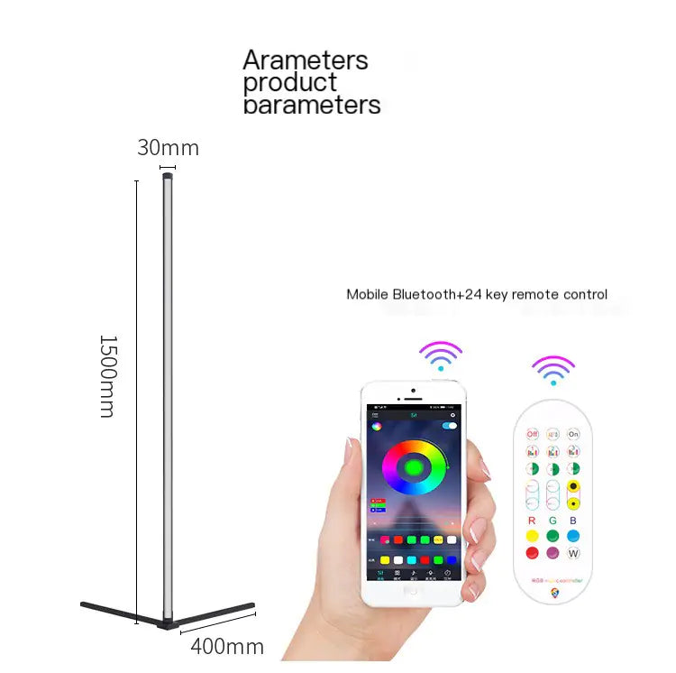 Product dimensions and features with a smartphone app and remote control displayed.