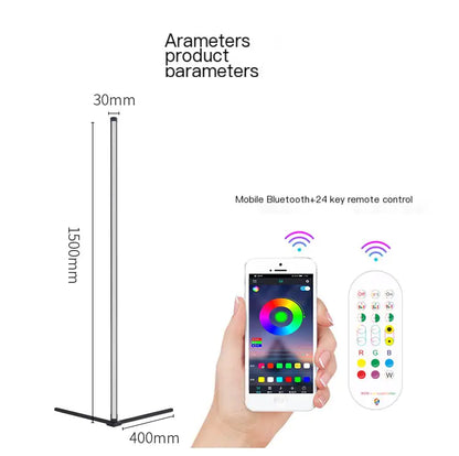 Product dimensions and features with a smartphone app and remote control displayed.