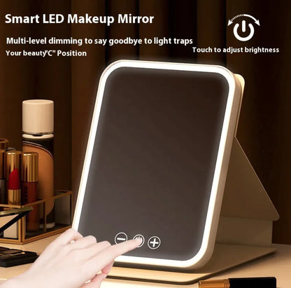 Smart LED makeup mirror with touch control on a vanity setup